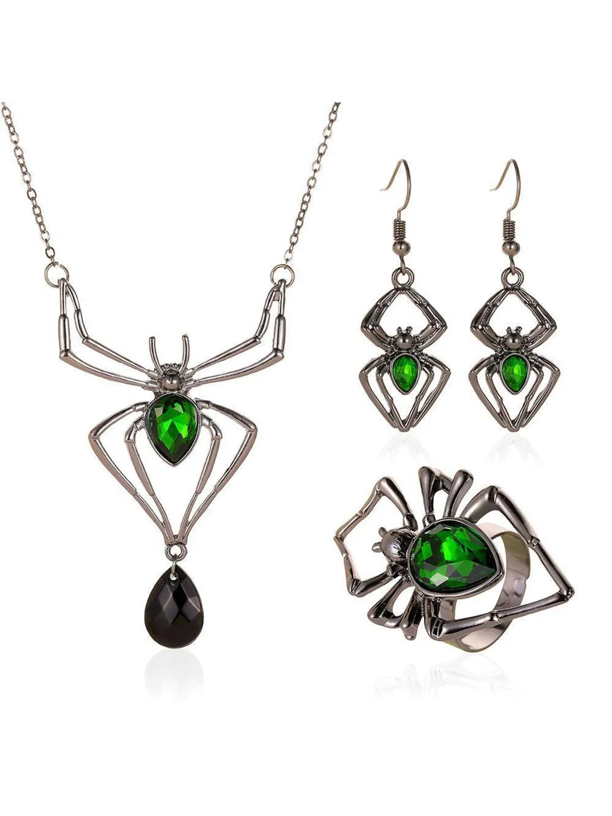 3PCS Green Spider Necklace & Earrings & Ring Set sold by Retro Stage