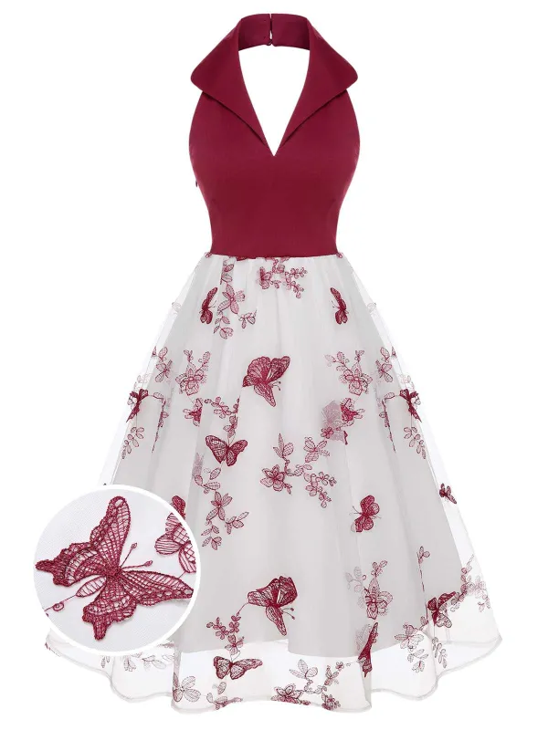 [US Warehouse] Wine Red 1950s Butterfly Lapel Mesh Dress sold by Retro Stage