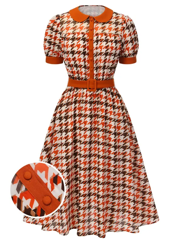 [US Warehouse] Orange 1940s Houndstooth Doll Collar Dress sold by Retro Stage
