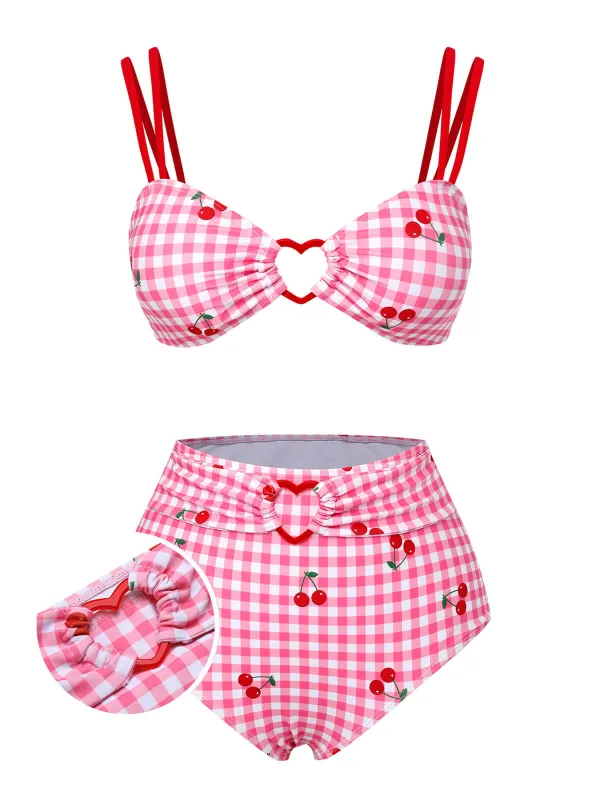 [US Warehouse] Pink 1950s Plaid & Cherry Strap Swimsuit sold by Retro Stage