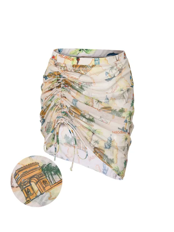 [US Warehouse] Yellow 1970s Retro Architectural Pattern Drawstring Cover-Up sold by Retro Stage