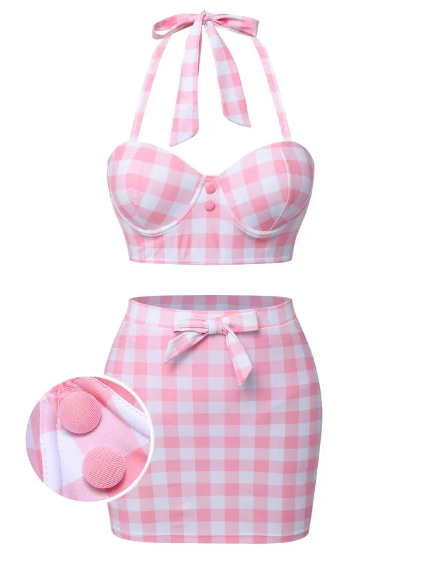 [US Warehouse] Pink 1950s Halter Plaids Bow Swimsuit sold by Retro Stage