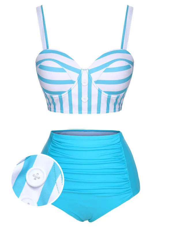 [US Warehouse] Light Blue 1950s Stripe Strap Swimsuit sold by Retro Stage