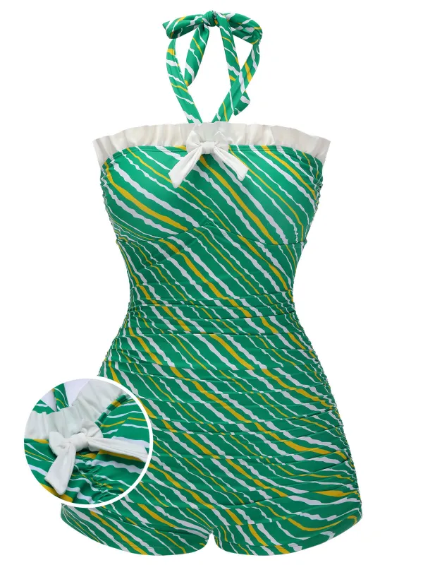 [US Warehouse] Green 1930s Stripe Off-Shoulder Halter Swimsuit sold by Retro Stage