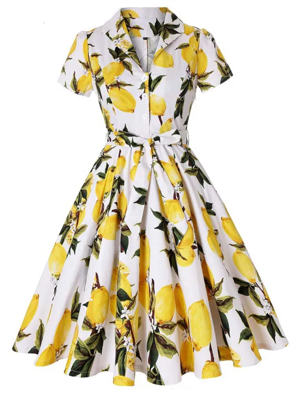 [US Warehouse] Yellow 1950s Lemon Bow Swing Dress sold by Retro Stage