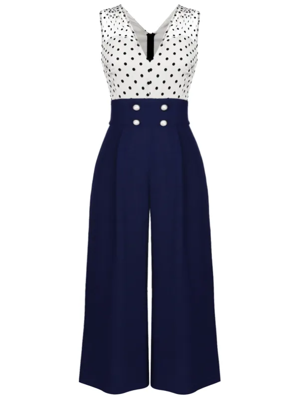 [US Warehouse] [Plus Size] Dark Blue 1930s Polka Dot Patchwork Jumpsuit sold by Retro Stage