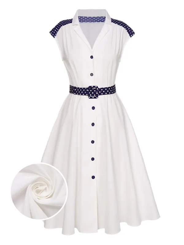 [US Warehouse] White 1940s Lapel Polka Dots Patchwork Dress sold by Retro Stage