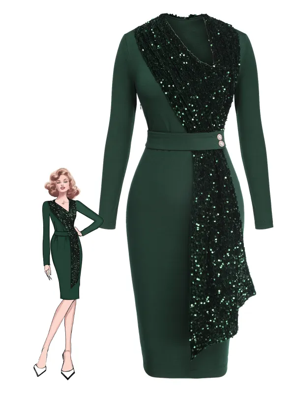 [US Warehouse] Green 1960s Glitter Patchwork Belted Dress sold by Retro Stage