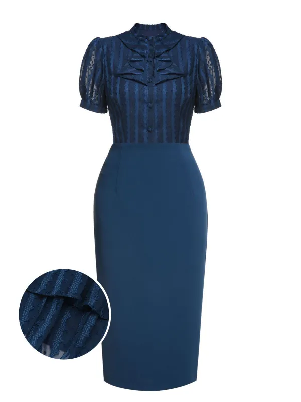 [US Warehouse] 2PCS Navy Blue 1960s Stand Collar Shirt & Solid Wrap Skirts made by Retro Stage