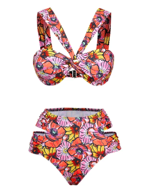 Pink 1970s Boho Floral Cross Neck Swimsuit sold by Retro Stage