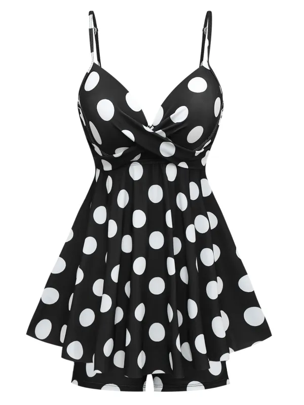 Black 1950s Polka Dots One-Piece Swim Dress sold by Retro Stage