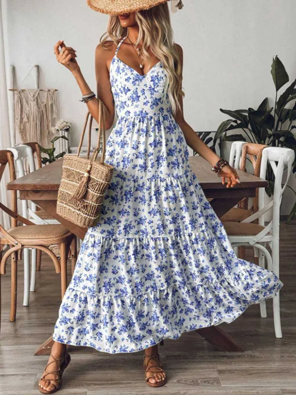 Blue 1930s Floral Tie Back Tiered Maxi Dress sold by Retro Stage