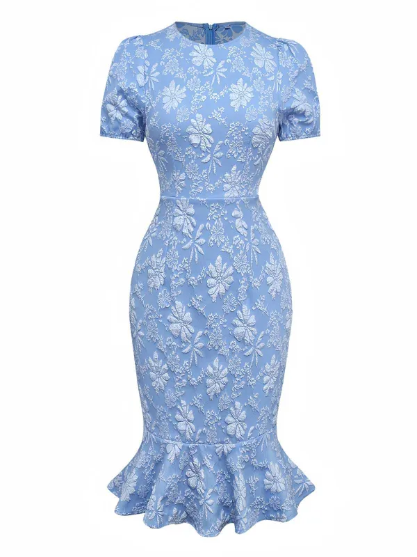 Light Blue 1930s Daisy Puff Sleeve Dress sold by Retro Stage
