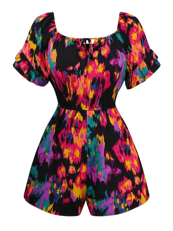 Multicolor 1960s Abstract Paints Ruffle Off-Shoulder Romper sold by Retro Stage