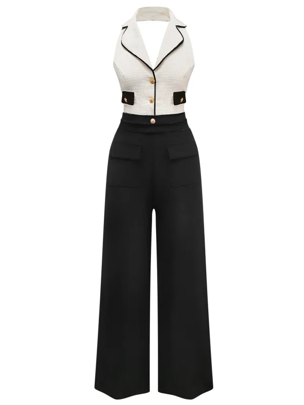 Black & White 1930s Contrast Notched Collar Jumpsuit sold by Retro Stage