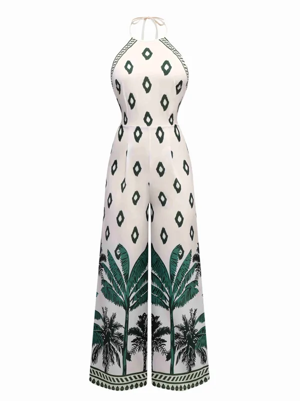 Green 1930s Palm Trees Halter Jumpsuit sold by Retro Stage