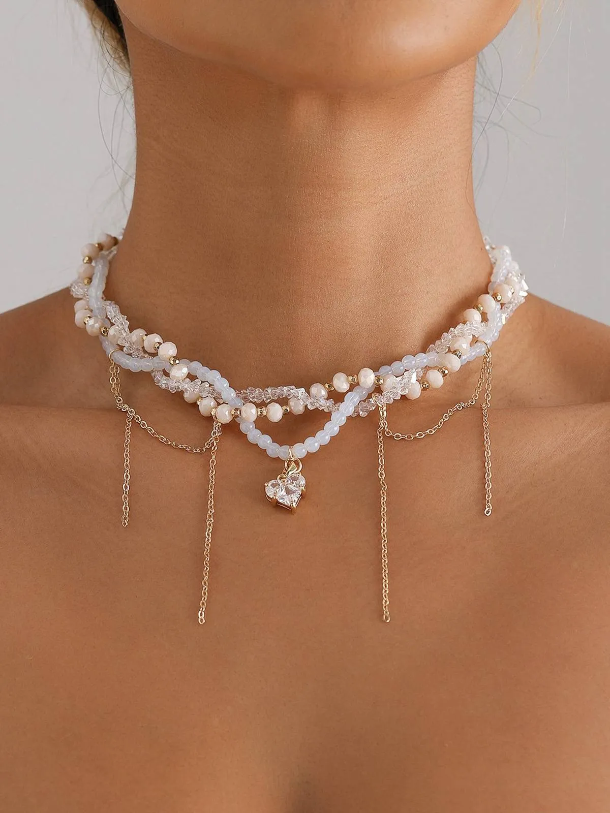 White Heart Rhinestone Pendant Beaded Necklace sold by Retro Stage product image thumbnail 4