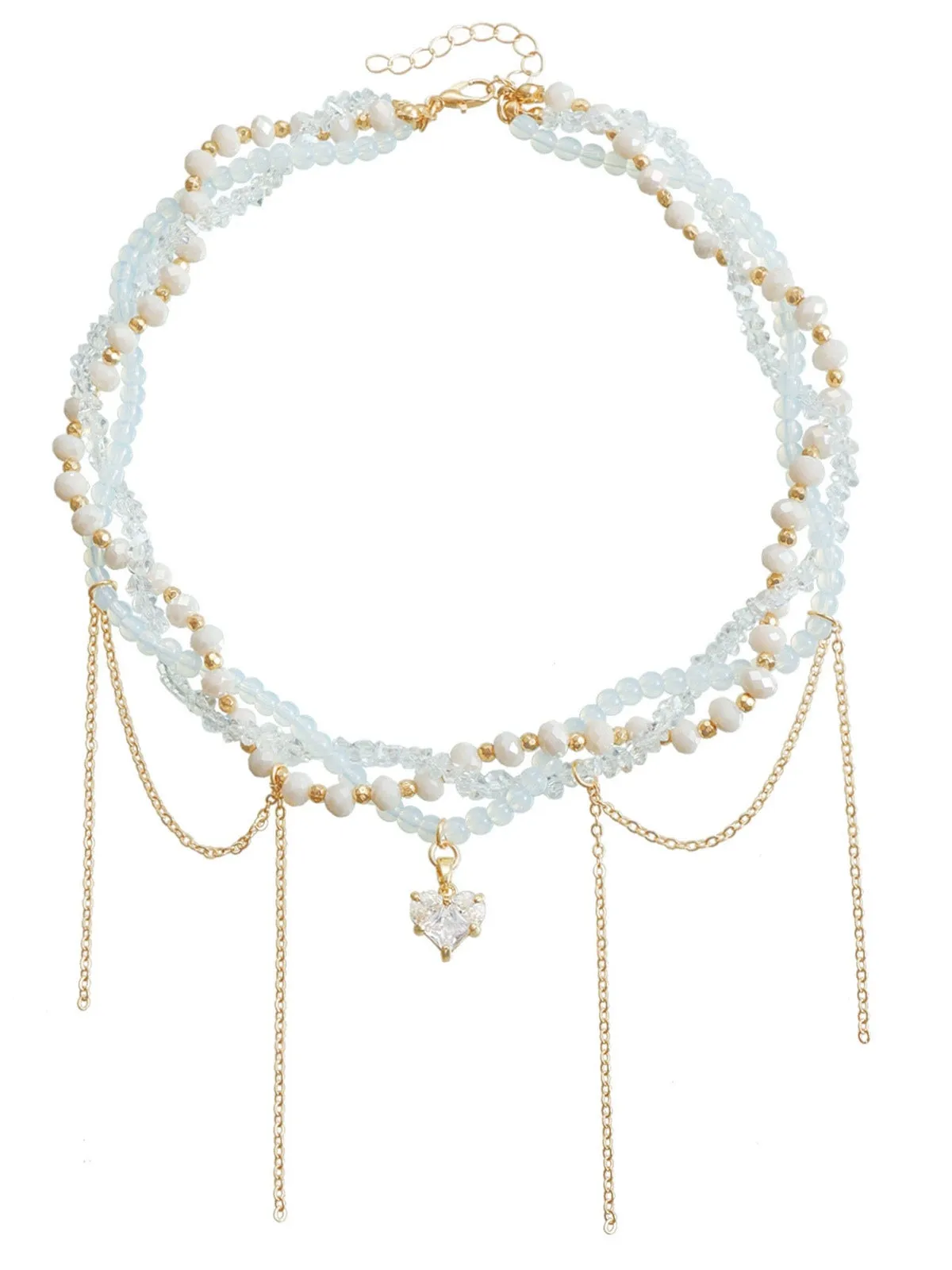 White Heart Rhinestone Pendant Beaded Necklace sold by Retro Stage