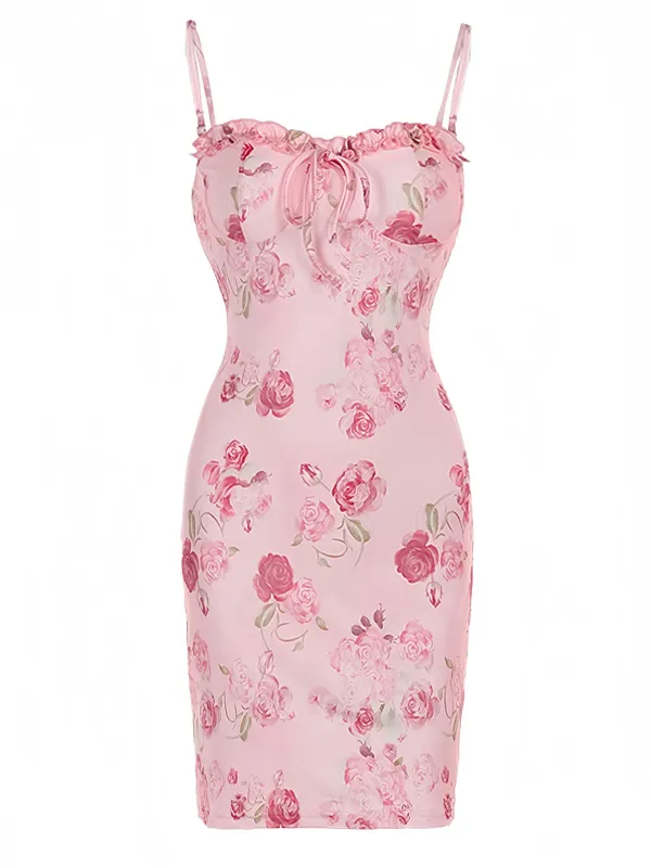 Pink 1960s Spaghetti Strap Roses Nightgown sold by Retro Stage