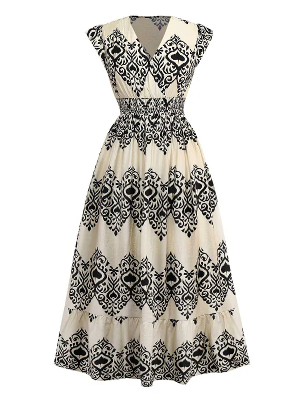 Apricot 1970s V-Neck Spades Prints Cap Sleeves Dress sold by Retro Stage