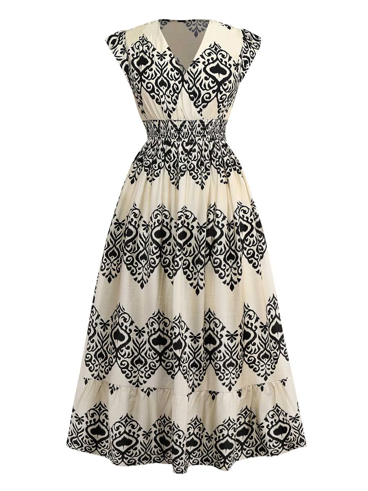 Apricot 1970s V-Neck Spades Prints Cap Sleeves Dress sold by Retro Stage