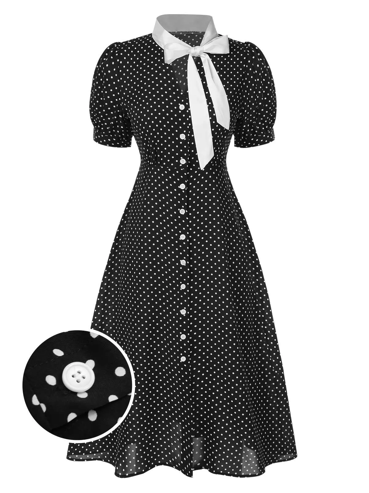 Black 1940s Polka Dots Tie Neck Dress sold by Retro Stage