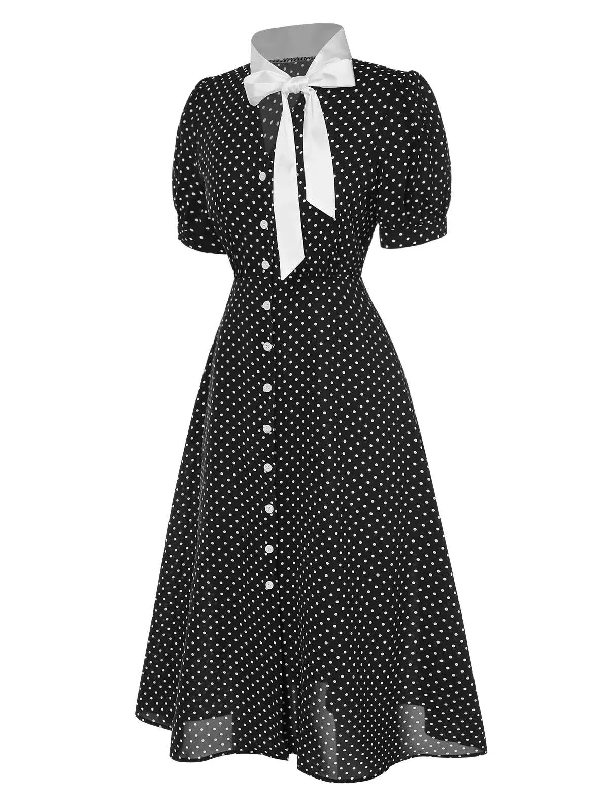 Black 1940s Polka Dots Tie Neck Dress sold by Retro Stage product image thumbnail 3
