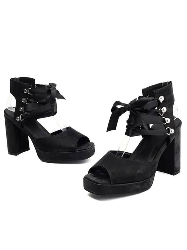 Ribbon Bow Lace-Up Chunky Heel Sandals sold by Retro Stage