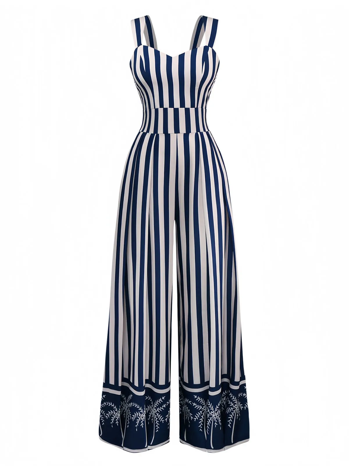 Blue 1930s Vertical Stripes Palm Trees Jumpsuit sold by Retro Stage
