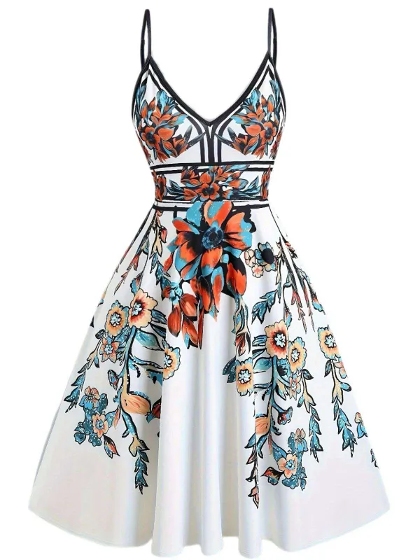 [Plus Size] Multicolor 1950s Floral Spaghetti Straps Dress sold by Retro Stage