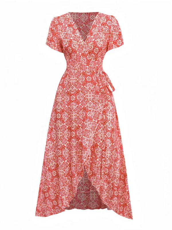 Red 1940s Boho Floral Wrap Dress sold by Retro Stage