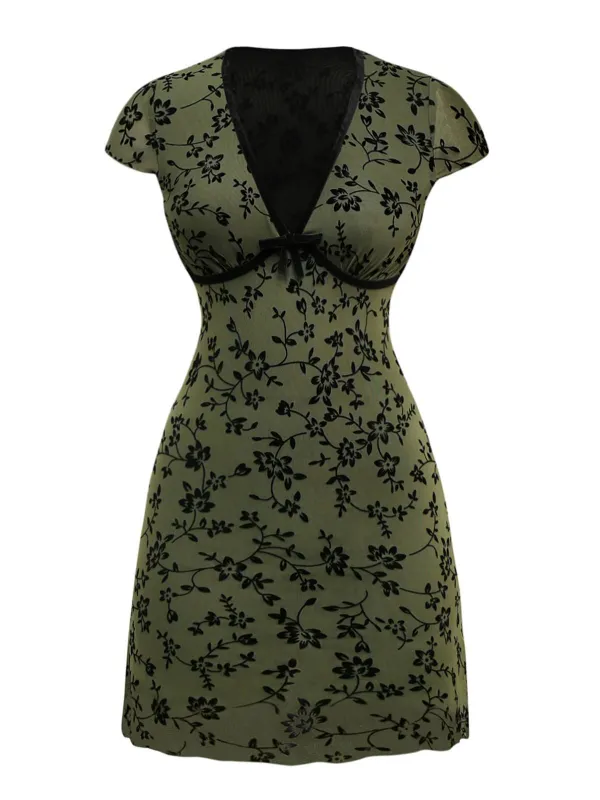 Green 1960s V-Neck Floral Flocked A-line Dress sold by Retro Stage