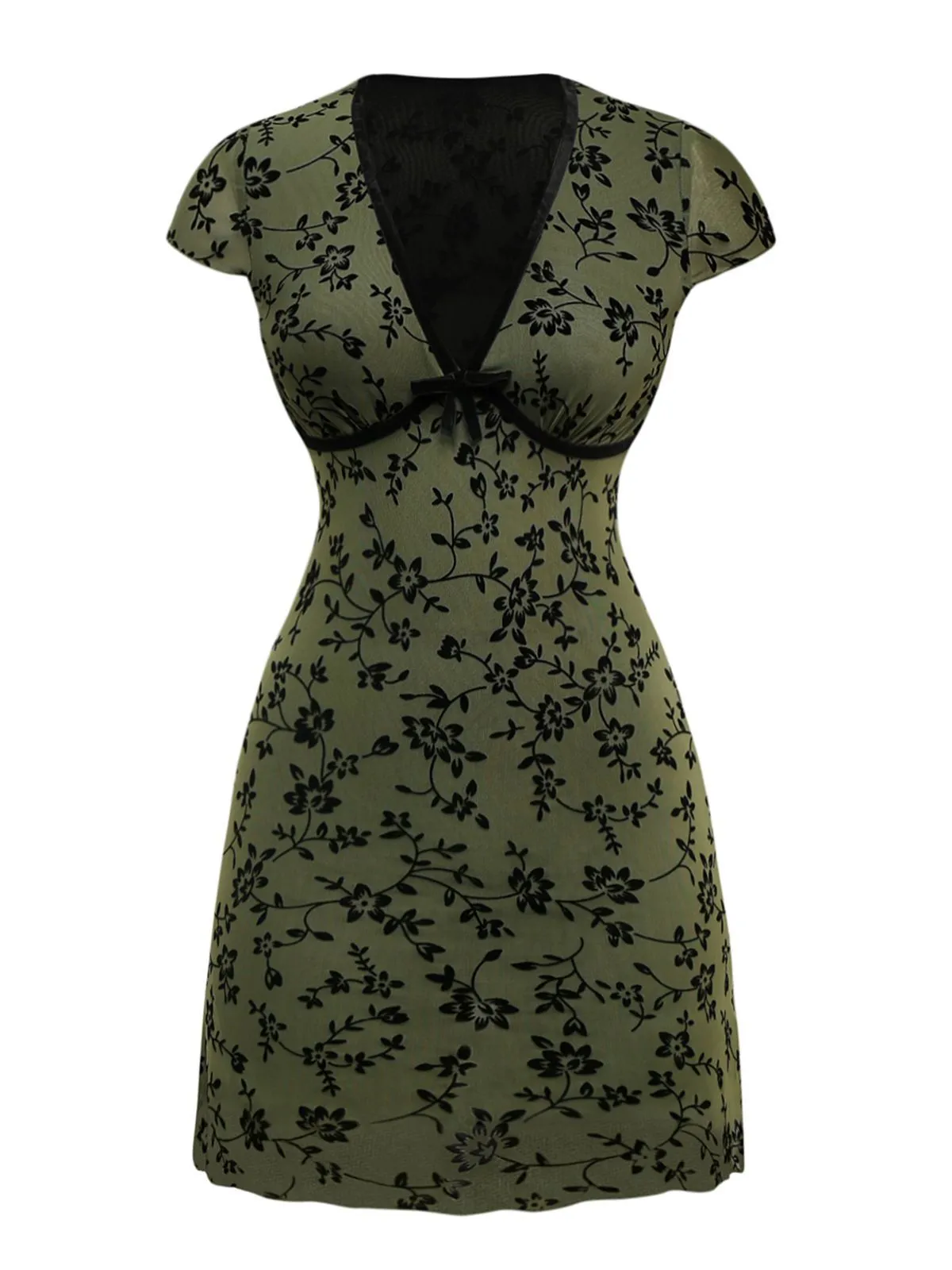 Green 1960s V-Neck Floral Flocked A-line Dress sold by Retro Stage