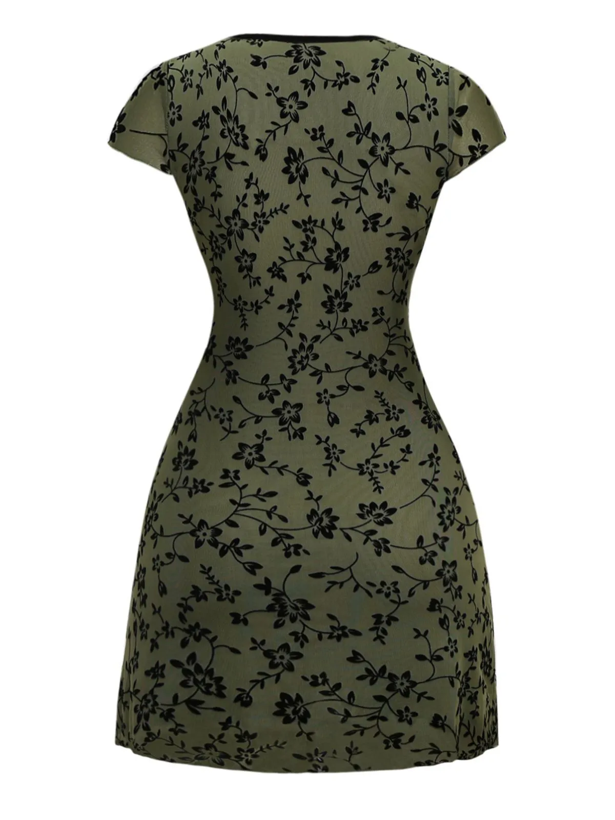 Green 1960s V-Neck Floral Flocked A-line Dress sold by Retro Stage product image thumbnail 2