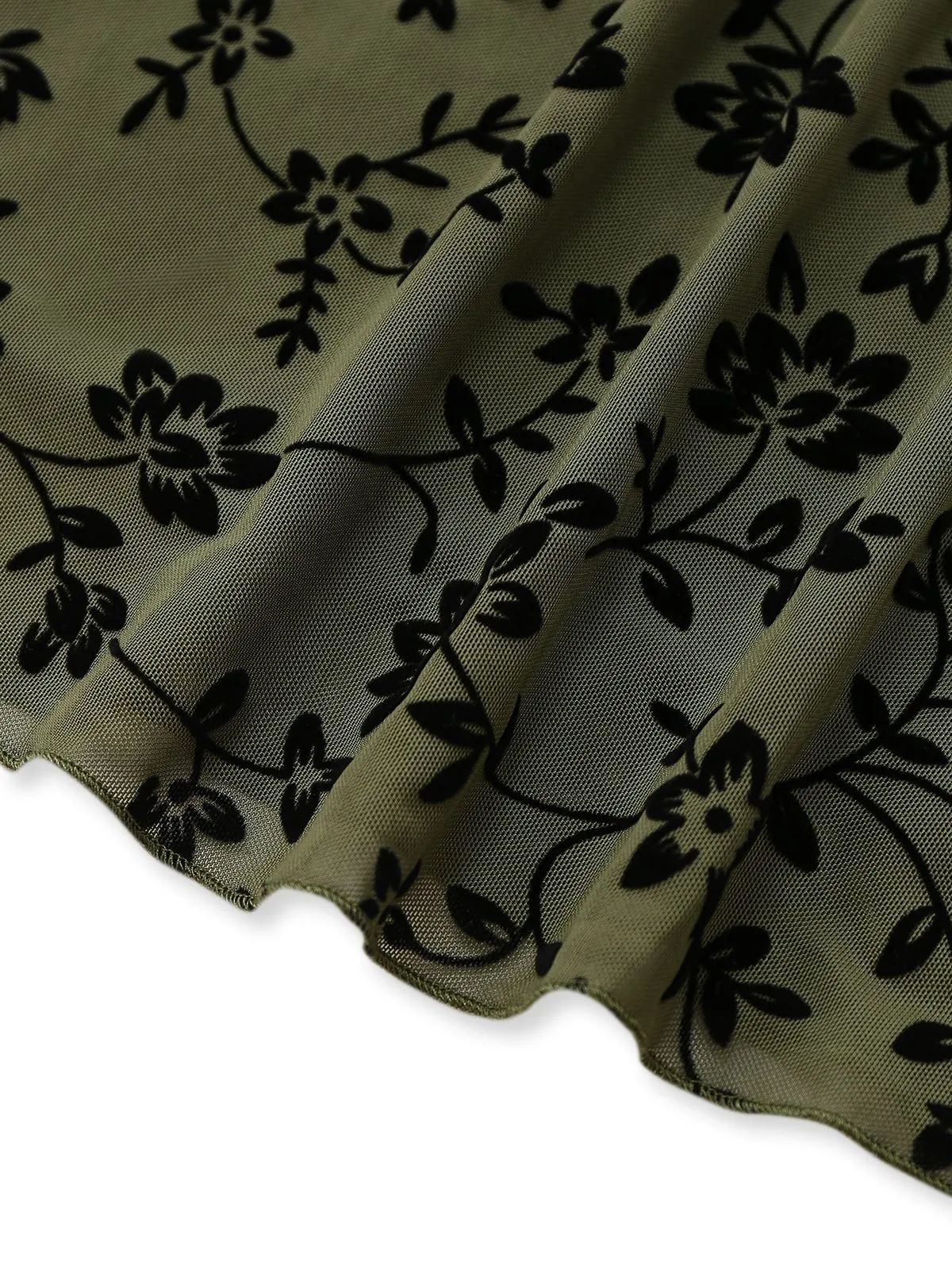 Green 1960s V-Neck Floral Flocked A-line Dress sold by Retro Stage product image thumbnail 4