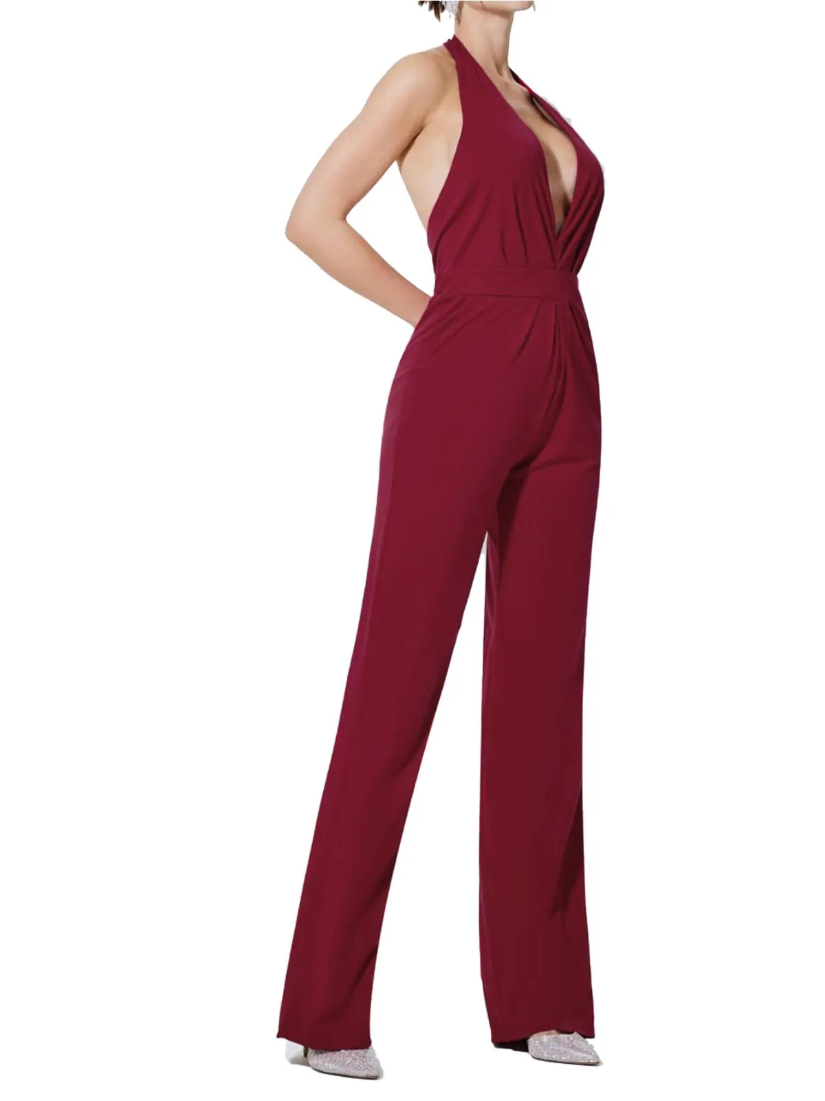 Wine Red 1970s Halter Deep V-Neck Pockets Jumpsuit sold by Retro Stage product image thumbnail 2