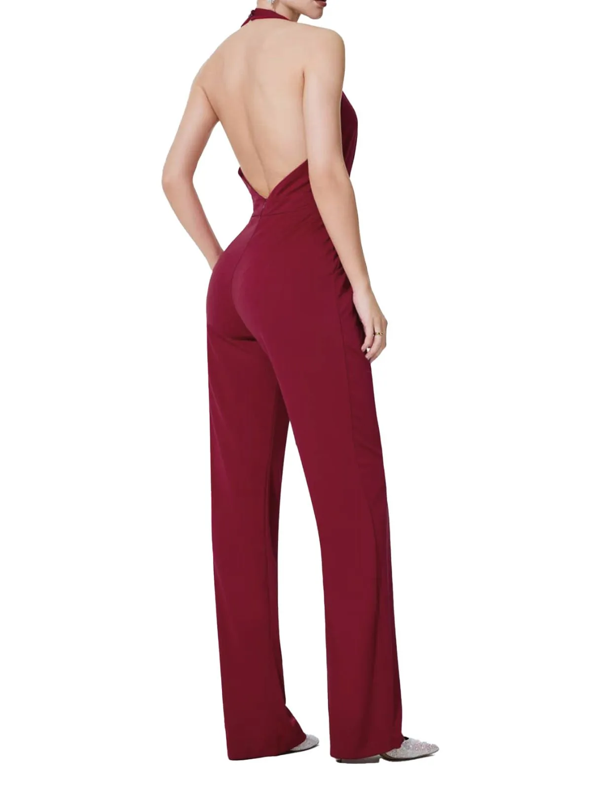 Wine Red 1970s Halter Deep V-Neck Pockets Jumpsuit sold by Retro Stage product image thumbnail 3