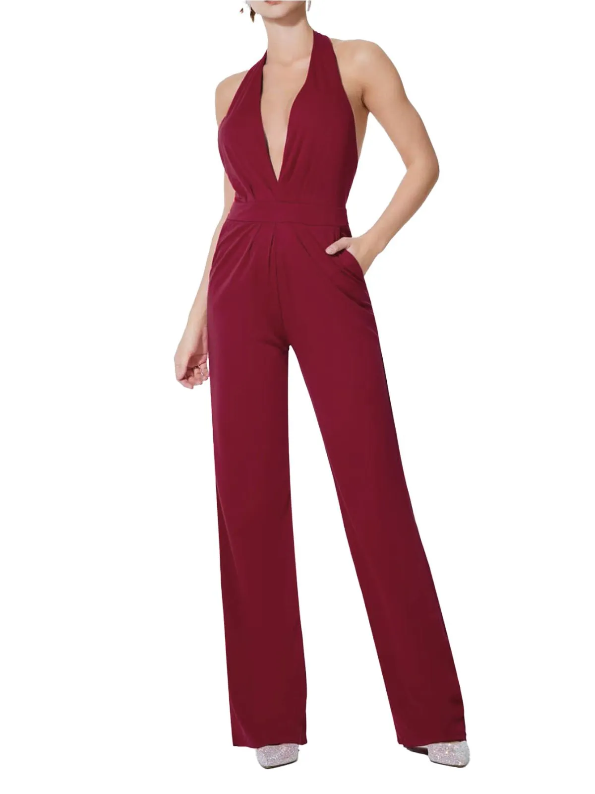 Wine Red 1970s Halter Deep V-Neck Pockets Jumpsuit sold by Retro Stage