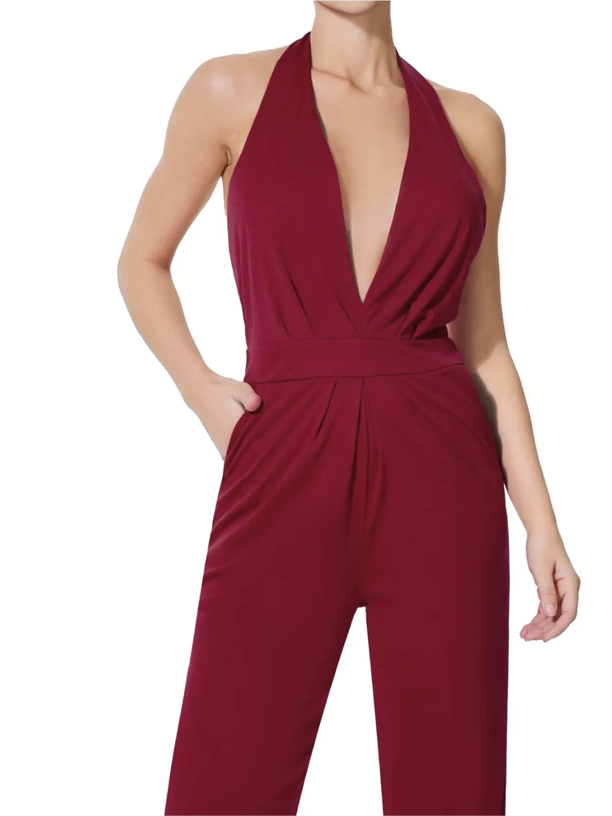 Wine Red 1970s Halter Deep V-Neck Pockets Jumpsuit sold by Retro Stage product image thumbnail 4