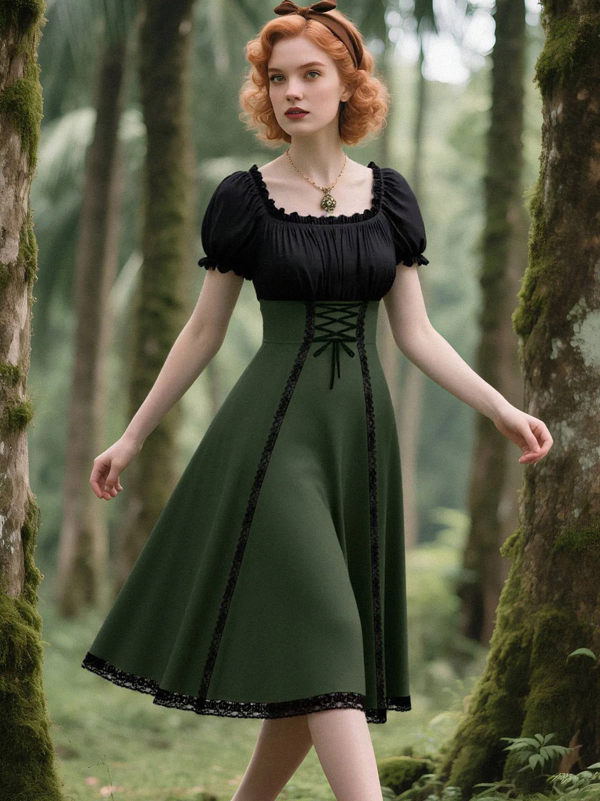 Green 1940s Colorblock Lace-Up Dress sold by Retro Stage product image thumbnail 2