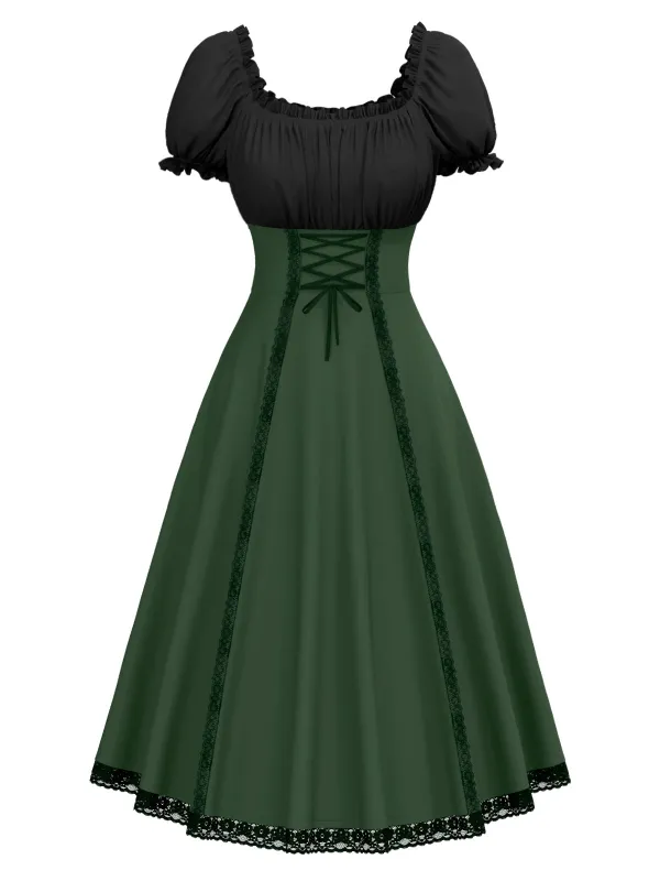 Green 1940s Colorblock Lace-Up Dress sold by Retro Stage