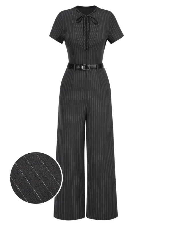 Dark Gray 1950s Striped Office Style Belted Jumpsuit sold by Retro Stage