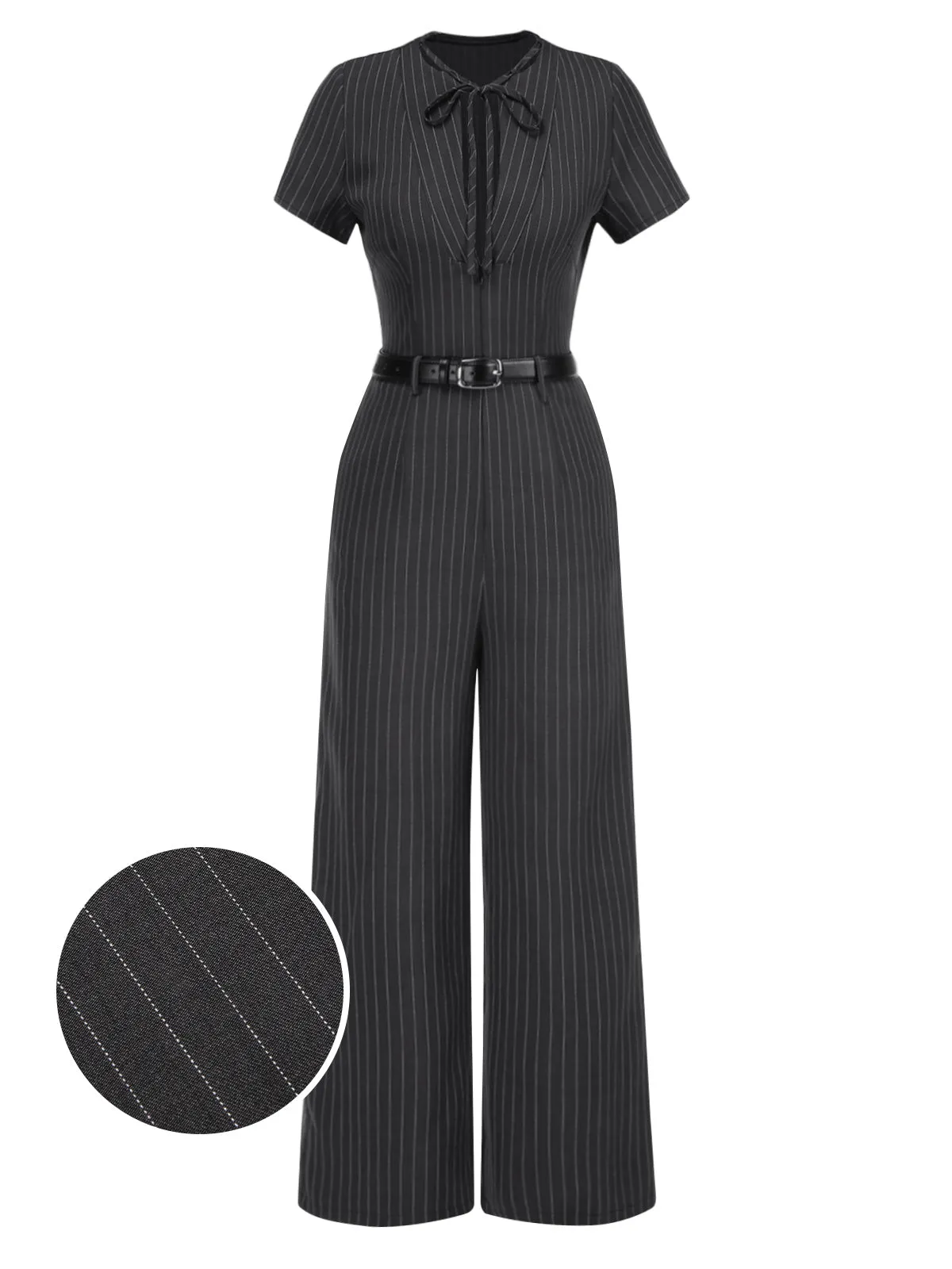 Dark Gray 1950s Striped Office Style Belted Jumpsuit sold by Retro Stage