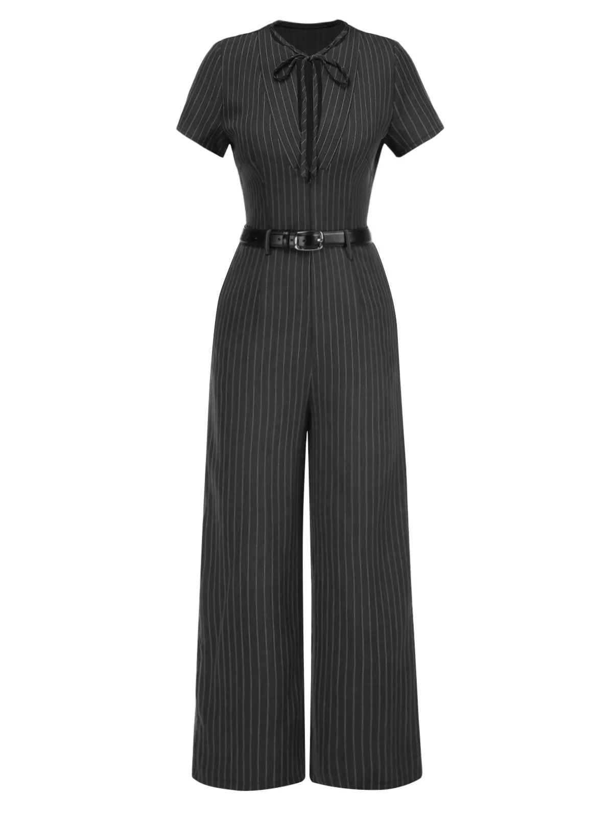 Dark Gray 1950s Striped Office Style Belted Jumpsuit sold by Retro Stage product image thumbnail 2
