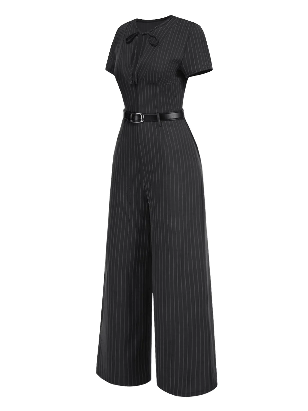 Dark Gray 1950s Striped Office Style Belted Jumpsuit sold by Retro Stage product image thumbnail 3