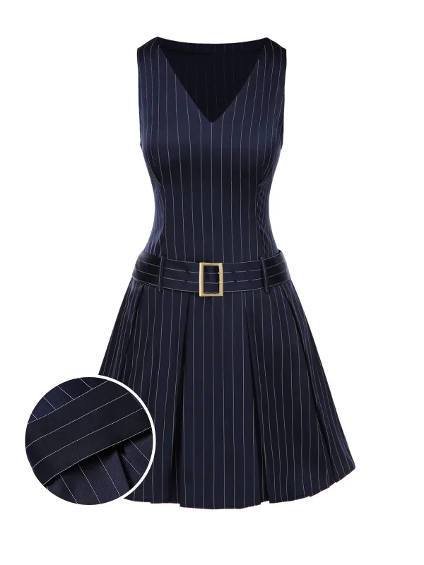 1960s Drop Waist Pleated Striped Belted Dress sold by Retro Stage