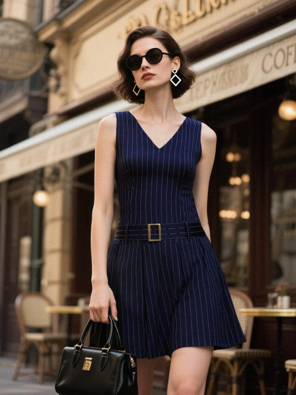 1960s Drop Waist Pleated Striped Belted Dress sold by Retro Stage product image thumbnail 2