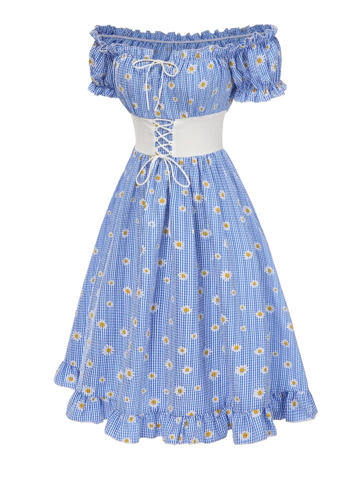 Blue 1950s Off-Shoulder Plaids Daisy Lace-Up Dress sold by Retro Stage product image thumbnail 3