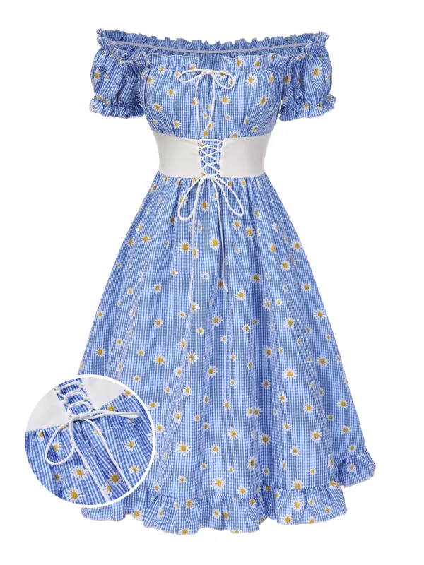 Blue 1950s Off-Shoulder Plaids Daisy Lace-Up Dress sold by Retro Stage