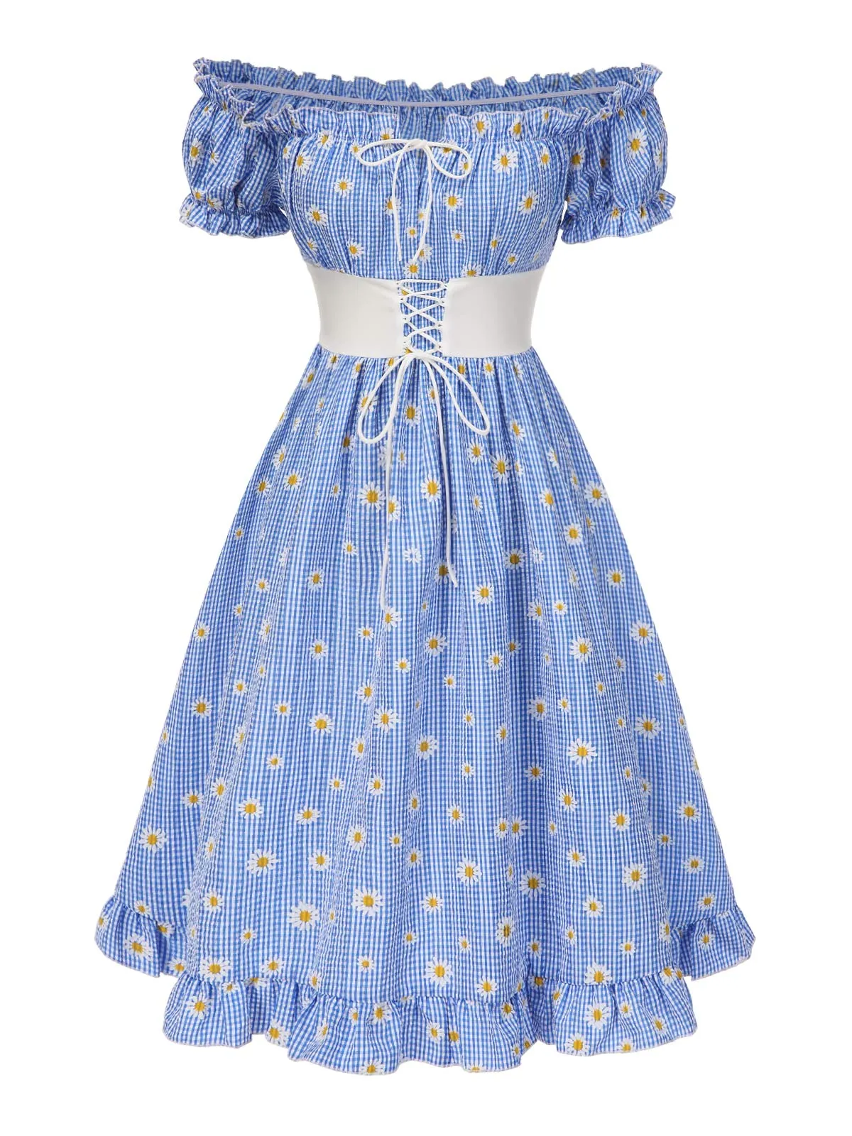 Blue 1950s Off-Shoulder Plaids Daisy Lace-Up Dress sold by Retro Stage product image thumbnail 2